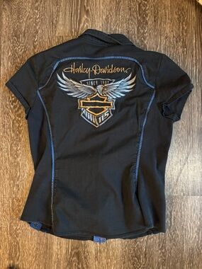 Harley-Davidson Black Jacket with Blue Trim and Gold Embroidery